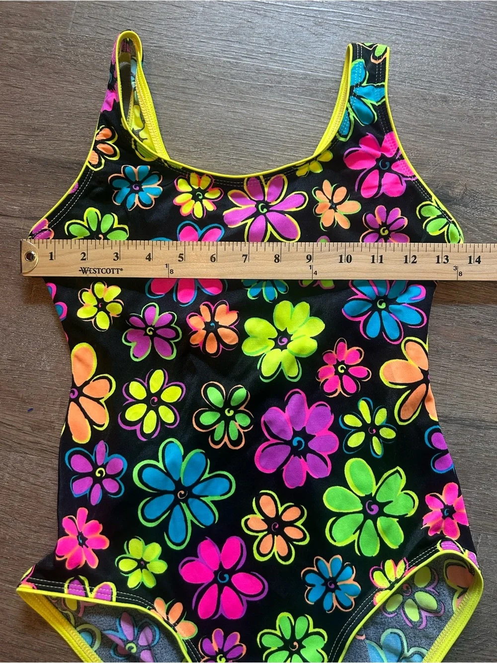 La Blanca Girls One Piece Swimsuit Size 16 Black Neon Floral Yellow Trim